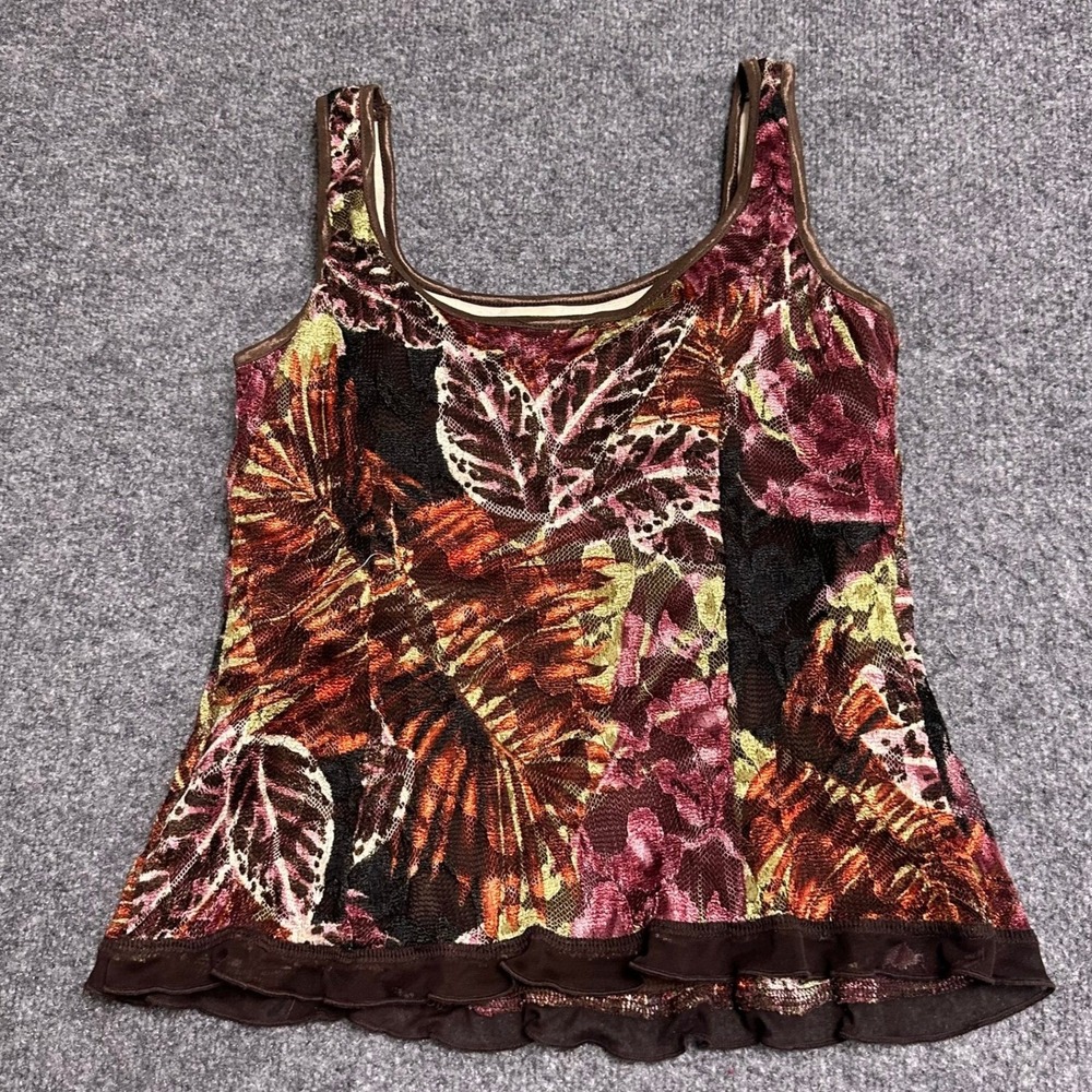 j.t.b. Petite Tank Top Womens Size PM Brown Floral Mesh Ruffle Hem Scoop Neck